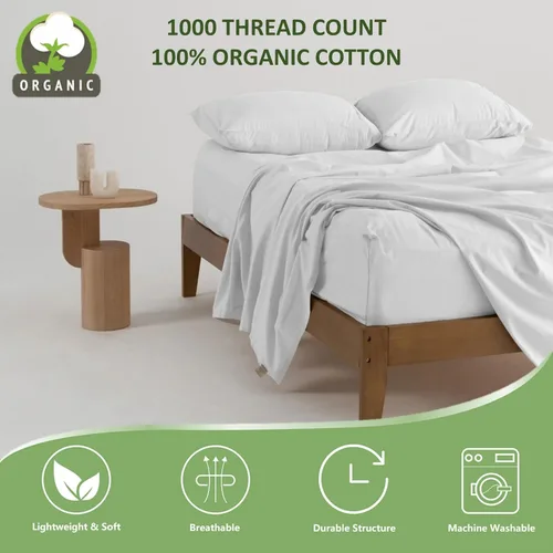 Miniatura 6 de Juego de sábanas puro de 100% algodón orgánico certificado de 1000 hilos, juego de ropa de cama de 4 piezas, bolsillo extra profundo de 24 pulgadas