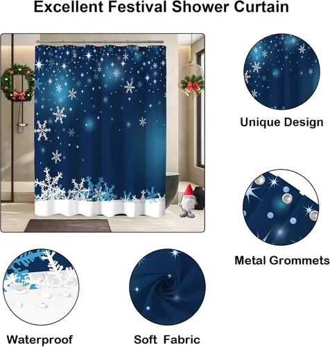Miniatura 3 de Cortina de ducha de Navidad, cortinas de ducha azules con copos de nieve de Navidad para decoración de baño, cortina de ducha azul de vacaciones