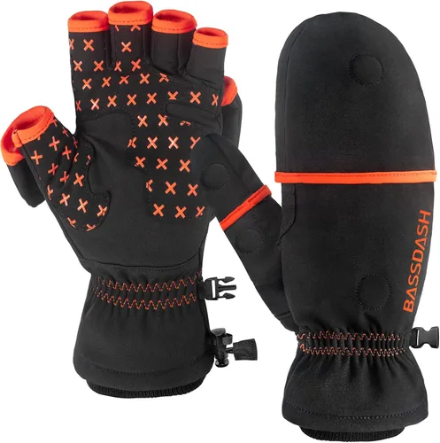 BASSDASH WinteFlex Guantes de pesca en hielo aislantes con protección contra el frío, sin dedos, resistentes al agua para hombres y mujeres, para