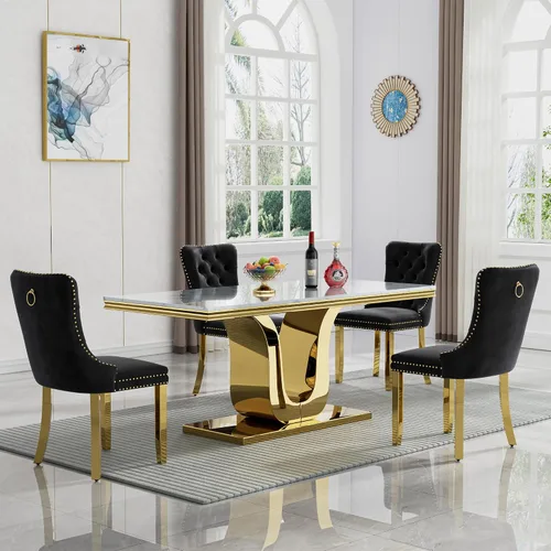 Miniatura 17 de Juego de mesa de comedor de mármol de lujo de 70 pulgadas para 4, juegos de mesa de cocina blanco y dorado para 4, mesa de comedor moderna de mármol