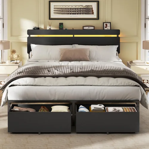 Miniatura 10 de Forestell - Marcos de cama individual con cabecera de madera, cama plataforma negra con 2 cajones de almacenamiento y estante, estación de carga