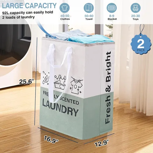 Miniatura 3 de Cestas de lavandería de 92 litros, cesta de lavandería independiente con asas, impermeable, plegable, para dormitorio, cuarto de baño