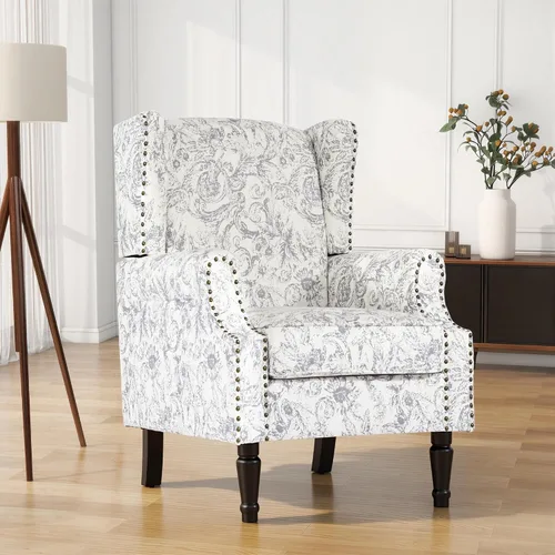 Miniatura 17 de Silla de Acento de Respaldo Alto, Sillón Tapizado en Tela para Sala de Estar, Sillón Wingback con Estampado Floral con Patas de Madera Maciza, Sofá