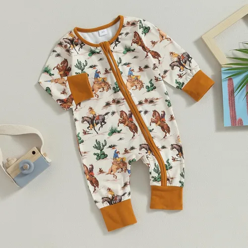 Miniatura 6 de Lamuusaa Ropa occidental para bebé, niña, niño, manga larga, estampado de vaca, mameluco con cremallera, overol de una pieza para otoño e invierno