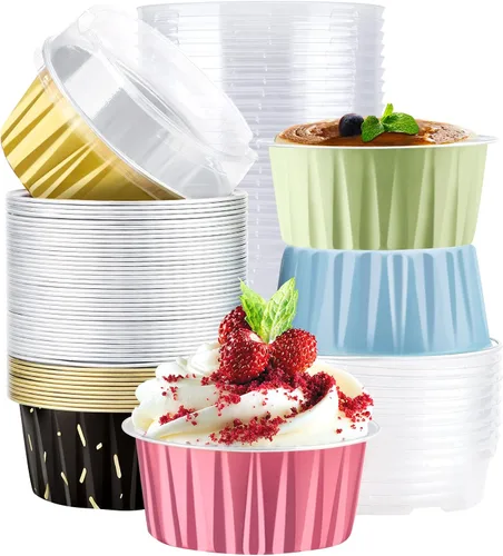 EUSOAR Moldes de aluminio para magdalenas de varios colores, moldes de aluminio de 5 onzas para hornear, recipientes de postre con tapas, tazas de 5
