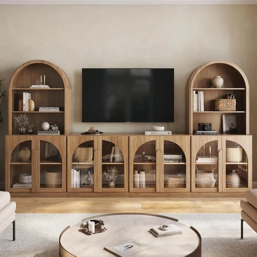 BELLEZE Centro de entretenimiento modular de 4 piezas con almacenamiento, 2 vitrinas de madera moderna con gabinete arqueado y 2 armarios de puerta