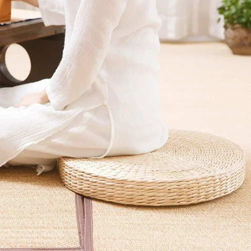 Miniatura 6 de HUAWELL Paquete de 2 cojines de suelo de tatami para sentarse, tamaño más grande, acolchados, redondos, con pajilla, para asiento al aire libre