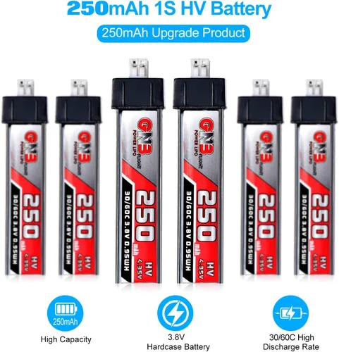 Miniatura 3 de 6pcs 250mAh 1S Batería 3.8V LiHV 30C/60C JST-PH2.0 Conector LiPo Batería para Emax Tinyhawk, Mobula7 FPV Racing Drone