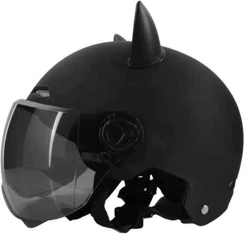 Miniatura 9 de Casco vintage para motocicleta para adultos, con visera solar, diseño retro con orejas de gato, casco de ciclomotor ligero abierto para hombres