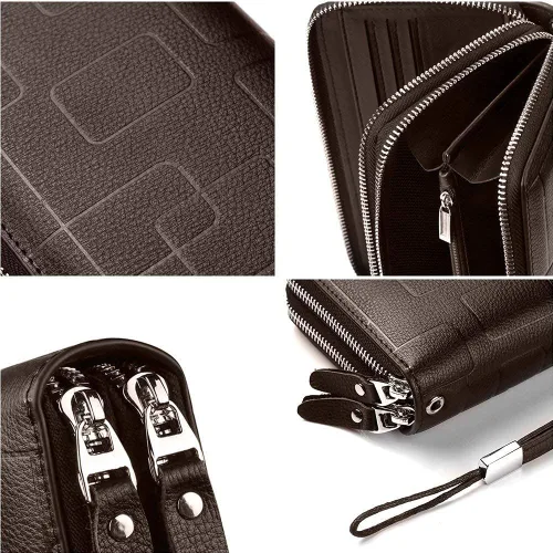 Miniatura 5 de Bolso de mano para hombre, bolso de cuero genuino con cremallera, cartera larga para negocios, bolso de mano grande