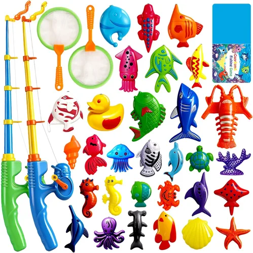 CozyBomB™ Juego de juguetes magnéticos de pesca para niños | Juego de mesa de agua, bañera, piscina para niños, caña, red, peces flotantes de