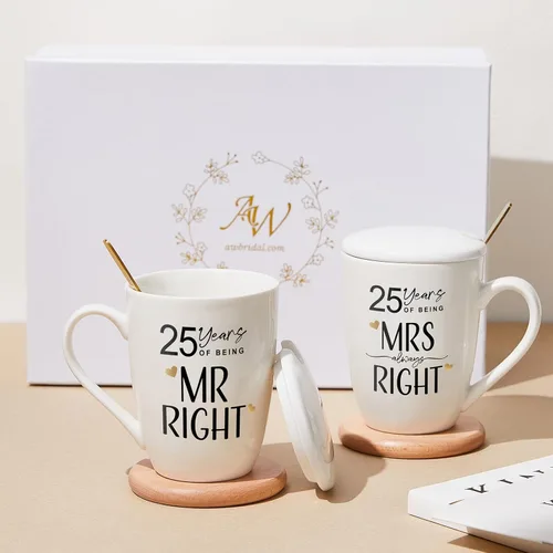 AW BRIDAL Juego de 2 tazas de café novedosas para el 25º aniversario de boda, regalo de Navidad, para el señor y la señora, de 12 onzas, regalos de