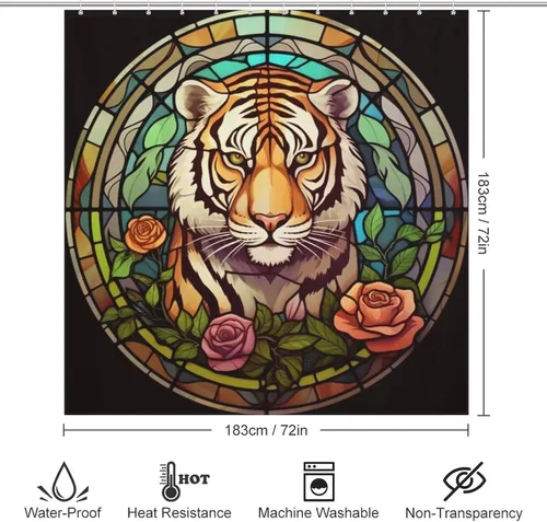 Miniatura 6 de YLATY4067 - Cortina de ducha de tigre para baño, diseño de hojas de flores, arte de vidrio, bohemio, tela abstracta, moderna, impermeable