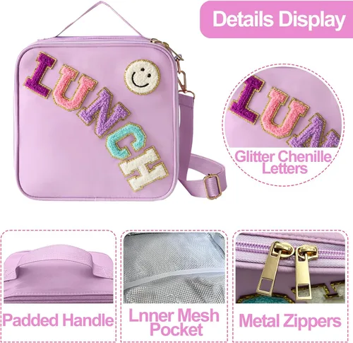 Miniatura 4 de Lonchera aislada con correa ajustable para el hombro, lonchera de nailon preppy grande con aislamiento, bolsa de almuerzo reutilizable con bolsa