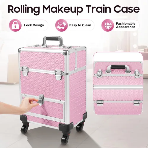 Miniatura 6 de Estuche de maquillaje con ruedas y mango telescópico, cajón con cerradura, estuche de maquillaje rodante, organizador de cosméticos, para estilista