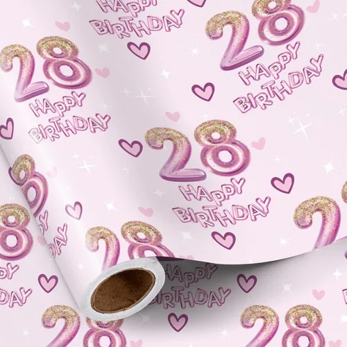 Miniatura 30 de RUSPEPA Papel de regalo de cumpleaños número 15 para niña, corazones y globos rosas del número 15, diseño de feliz cumpleaños, 15 años, mini rollo