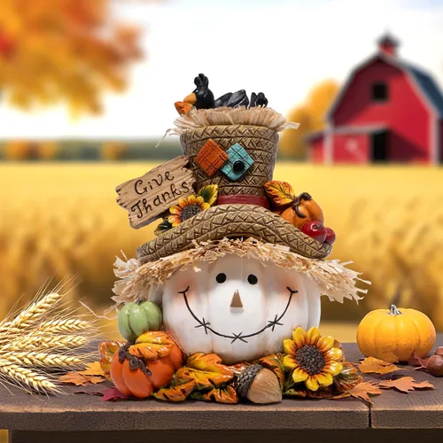 Miniatura 5 de Hodao Decoraciones de calabaza de Acción de Gracias, figura de resina de otoño con sombrero de paja, pájaros, bellotas y girasoles, letrero