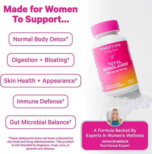 Miniatura 3 de Pink Stork Suplemento total de monolaurina para la salud intestinal, náuseas matutinas, apoyo inmunológico y salud vaginal para mujeres, bienestar