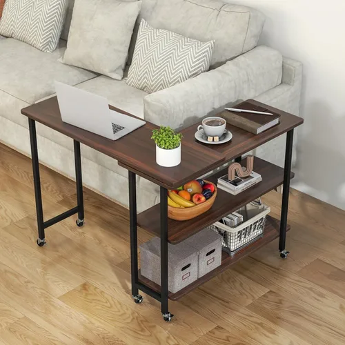 Miniatura 10 de Tangkula Mesa auxiliar giratoria de 360°, mesa auxiliar móvil patentada con estantes de almacenamiento de 2 niveles, escritorio giratorio con 6
