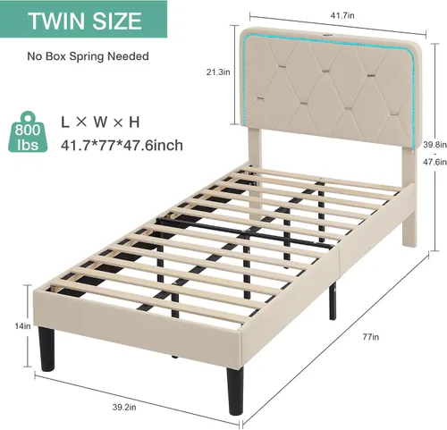 Miniatura 2 de VECELO Base de cama individual tapizada con cabecera ajustable, plataforma de terciopelo con luces LED, estación de carga, base de colchón