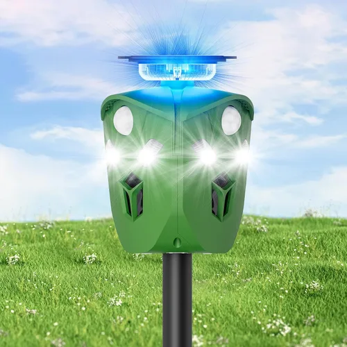 360° Solar Animal Repellent for Yard & Garden – No Blind Spot Motion Sensor to Keep Deer, Raccoons & Cats Away, Waterproof Ultrasonic & Flashing
