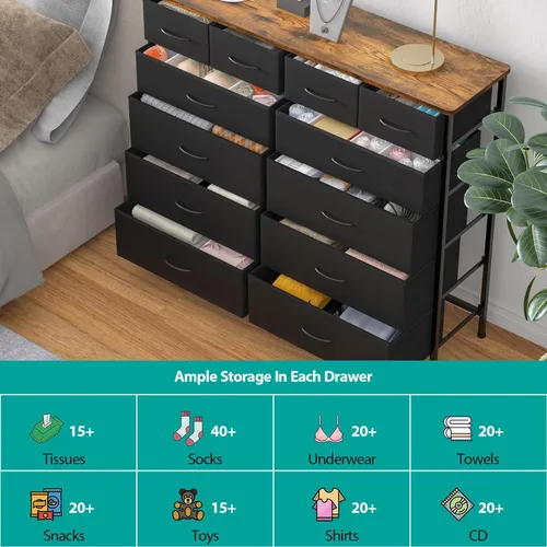 Miniatura 6 de VASICAR Cómoda para dormitorio con 12 cajones, cómoda alta de tela, cómoda compacta para armario, guardería, mesita de noche, sala de estar, Negro