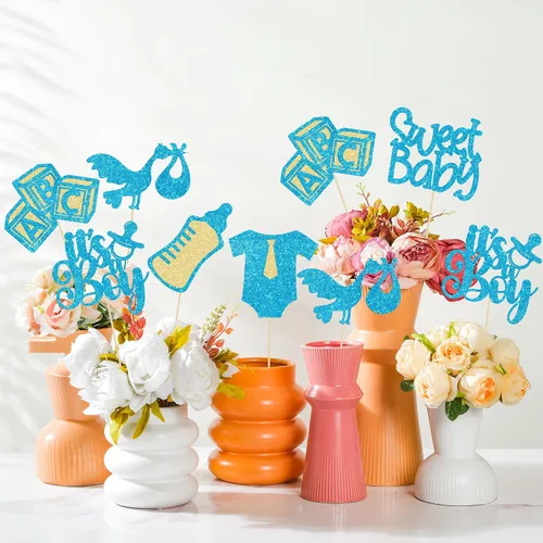 Miniatura 6 de Gyufise 12 piezas varillas para centro de mesa de baby shower con purpurina, atadura de un solo uso, corazón de amor, oh bebé, revelación de género