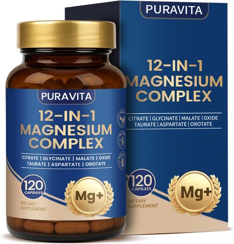Puravita Complejo de magnesio Puravita 12 en 1 Suplemento de magnesio con glicinato, citrato, malato, óxido, taurat y más para apoyo muscular,