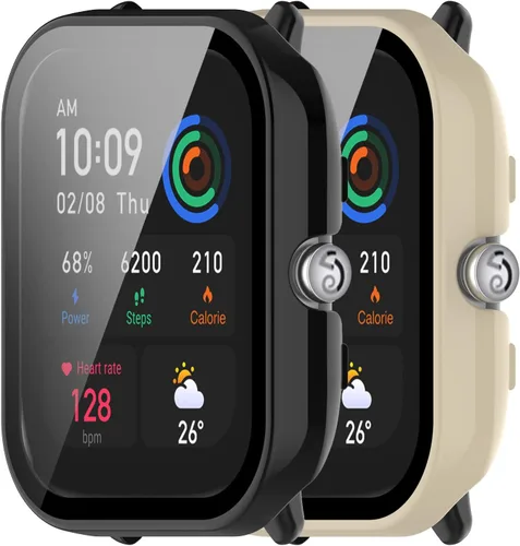 Paquete de 2 protectores de pantalla compatibles con Amazfit GTS 4 Mini, pantalla de vidrio templado + fundas protectoras de policarbonato mate para