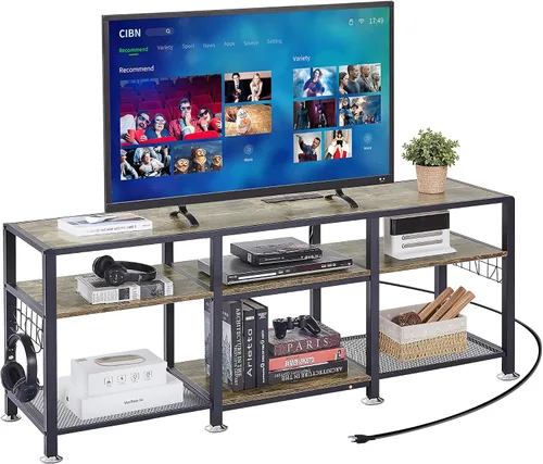 VECELO Soporte de TV de 63 pulgadas con tomas de corriente para televisión de 55/60/65/70 pulgadas, centro de entretenimiento con estantes de