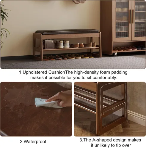 Miniatura 6 de AQIMUELE Banco pequeño para zapatos, banco de zapatos de 2 niveles con almacenamiento con tapa abatible, zapatero de madera para entrada, pasillo