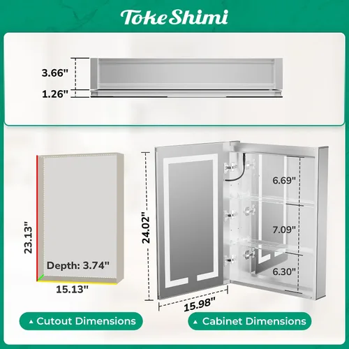 Miniatura 2 de TokeShimi 16x24 Gabinete de Montaje en Superficie o Empotrado para Medicamentos con Luces de 3 Colores Atenuables, Gabinete de Espejo LED