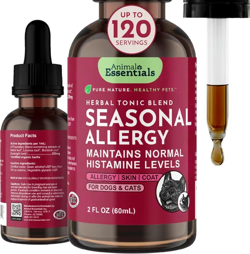 Animal Essentials Alergia estacional para perros y gatos, alivio de alergias, raíz de regaliz, apoyo estacional, gotas líquidas, fórmula herbaria -