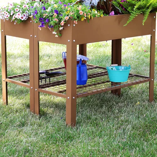 Miniatura 5 de Sunnydaze Cama de jardín elevada de acero galvanizado, juego de 2 jardineras elevadas, uso individual o conectado, cuenta con estante de Marrón