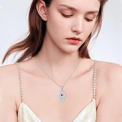 Miniatura 48 de Aniu Joyería de plata de ley 925 Hamsa de Fátima para mujer con circonita cúbica, viene con caja de regalo negra