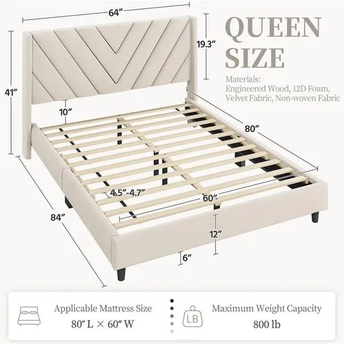 Miniatura 2 de Yaheetech Base de cama tamaño Queen con plataforma tapizada con lados en forma de ala/Soporte de tablas de madera/Cabecera tapizada con lados
