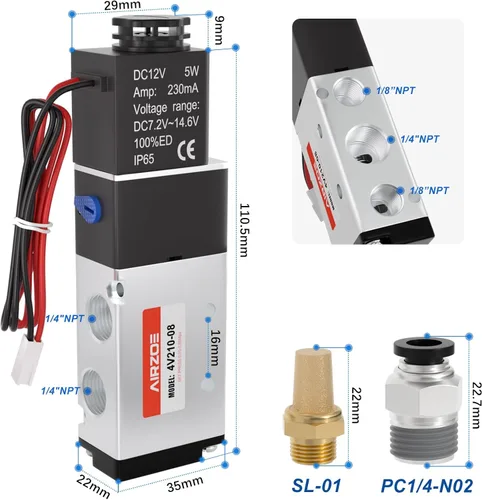 Miniatura 2 de AIRZOE 1/4 "NPT DC12V 2 posiciones 5 vías válvula solenoide, válvula solenoide eléctrica de bobina única operada por piloto (cable de salida)