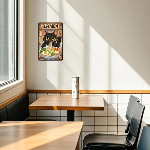 Miniatura 6 de GLOBLELAND Letrero de metal de ramen de gato negro de 12 x 8 pulgadas, letrero de decoración de gatitos y fideos, placa de metal de pared
