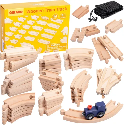 Set de pistas de tren de madera 53 piezas, paquete de expansión de accesorios para pistas de tren de madera compatible con Melissa and Doug,
