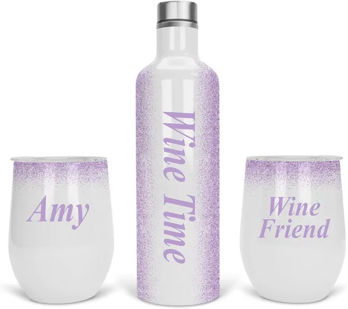 Miniatura 9 de Vaso de vino personalizado, regalo de vaso de vino, vasos de vino de acero inoxidable, paquete de 2 unidades de 12 onzas y 1 botella de vino Gris