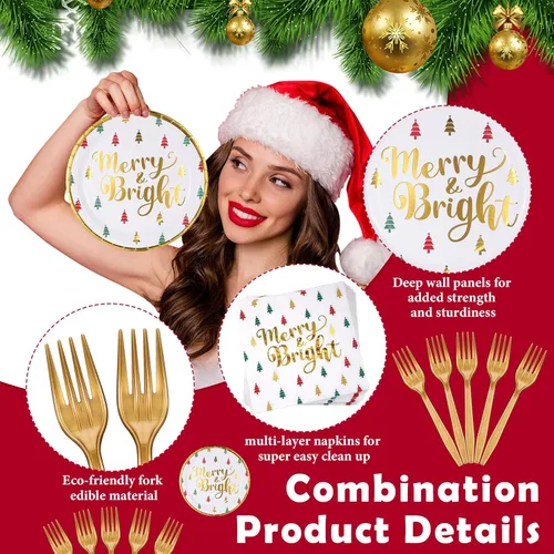 Miniatura 3 de Lounsweer 96 piezas de suministros para fiestas de Navidad, platos de papel y servilletas, juego de vajilla desechable, incluye platos de Navidad