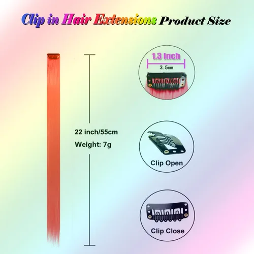 Miniatura 2 de 24 extensiones de cabello con clip de color, 22 pulgadas de largo, lacio, sintético, multicolor, resaltado para fiestas, para mujeres y niñas