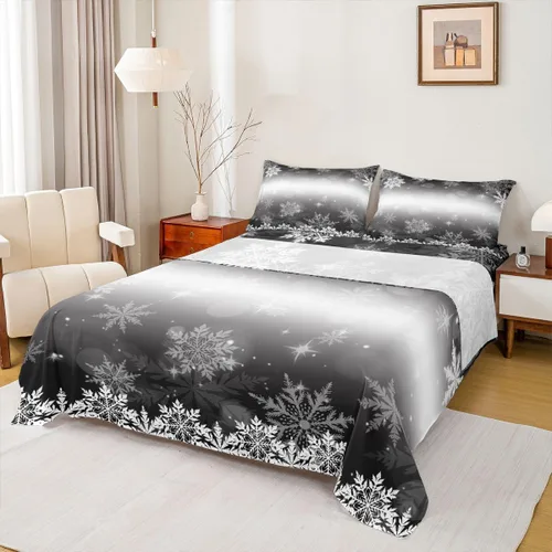 Erosebridal Juego de sábanas bajeras de Navidad tamaño Queen, diseño de copos de nieve, color negro, gris, degradado, para niños y niñas, juego de