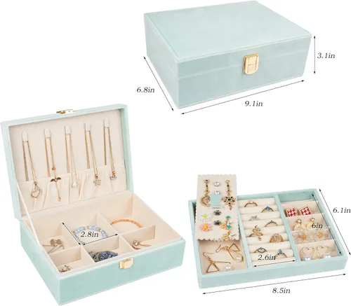 Miniatura 5 de Joyero organizador de 2 capas para mujeres y niñas, estuche de almacenamiento para aretes, anillos, collares, regalo para mujeres (verde)