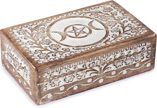 Ajuny Caja decorativa de madera tallada a mano con tallados de flores de luna y estrella color blanco multiusos como almacenamiento de joyas soporte