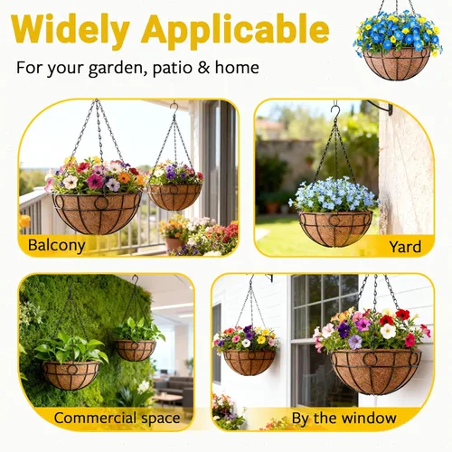 Miniatura 6 de ZeeDix Paquete de 2 cestas colgantes redondas para plantas al aire libre, cesta de alambre de metal de 12 pulgadas con forro de coco, macetas
