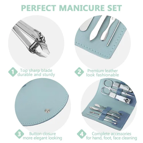 Miniatura 3 de Juego de 12 piezas de manicura, kit de cortauñas mini profesional de acero inoxidable 7 en 1 con cuidado de uñas y pedicura, con bolsa de viaje