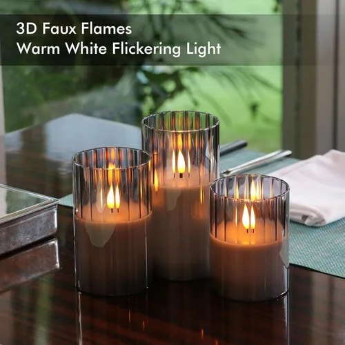Miniatura 2 de Rhytsing Velas LED de vidrio acanalado ahumado que funcionan con pilas con control remoto, velas sin llama con temporizador, juego de regalo