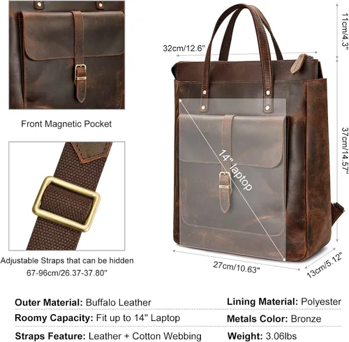 Miniatura 6 de S-ZONE Mochila de piel auténtica para mujer, con estilo retro, estilo vintage