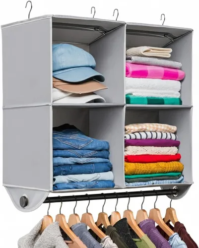 Miniatura 9 de HOLDN' STORAGE Organizador colgante de armario con barra de ropa, estantes colgantes de 3 estantes resistentes para ropa, suéteres y zapatos, unidad